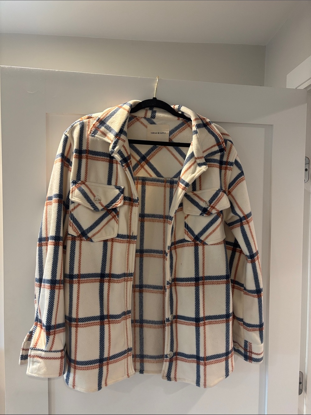 Thread & Supply Cream Plaid Fleece Shacket with Navy & Rust Checks